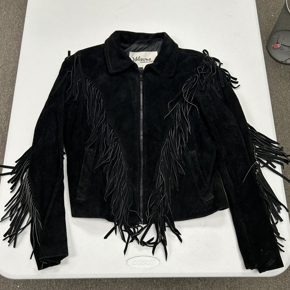Wilsons Fringe Jacket Womens 12 Black Suede Leather Western Zip Style 6209